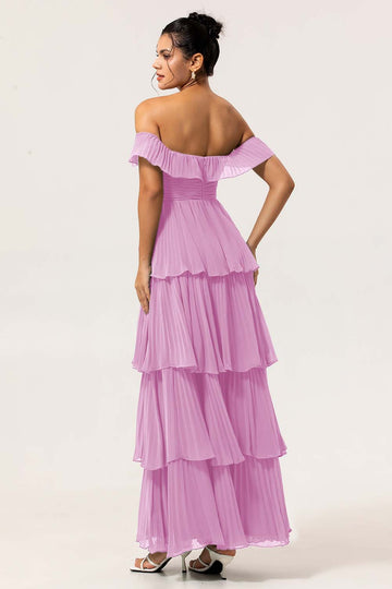 Candy Pink A Line Off the Shoulder Tiered  Pleated Long Bridesmaid Dress with Slit